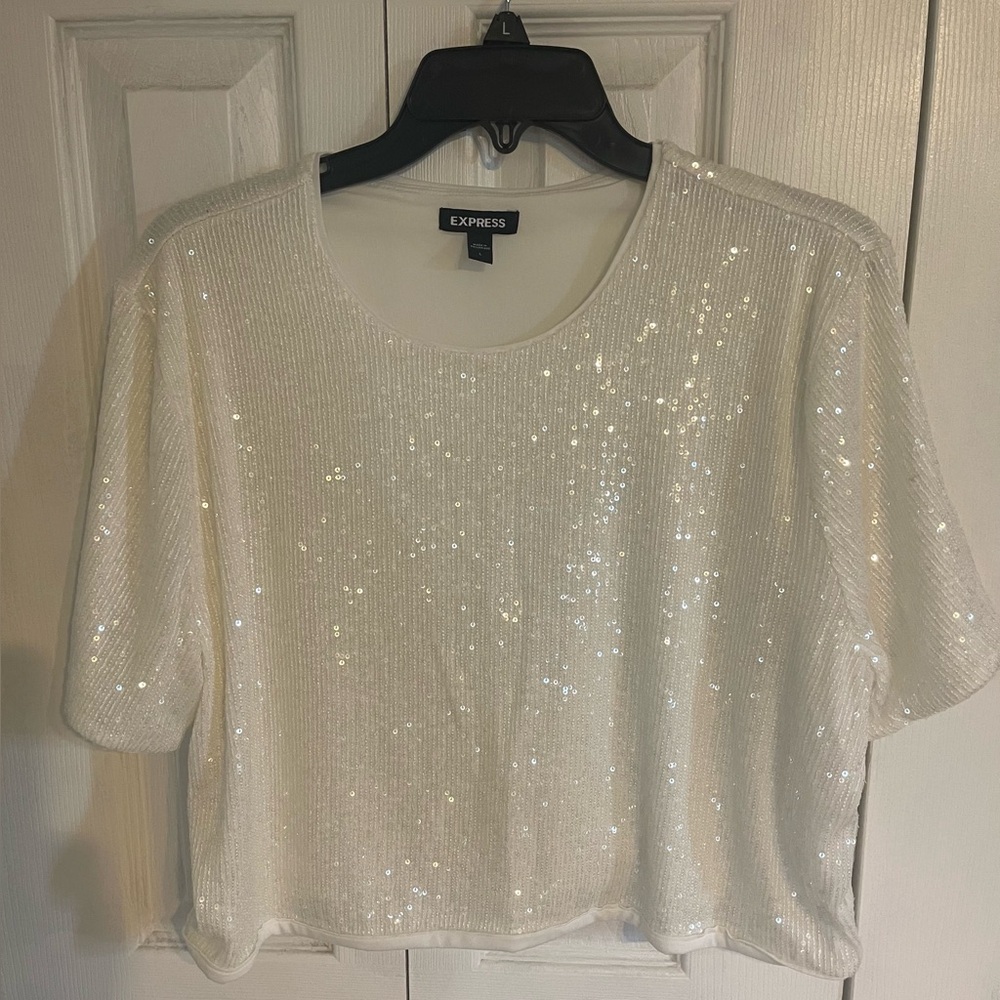 Express Sparkling White Sequin Crop Top